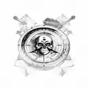 pirate ship with compass, skull, map of Britain, gold coin tattoo design idea