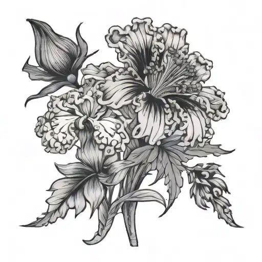 cosmos marigold and iris bouquet  tattoo design idea