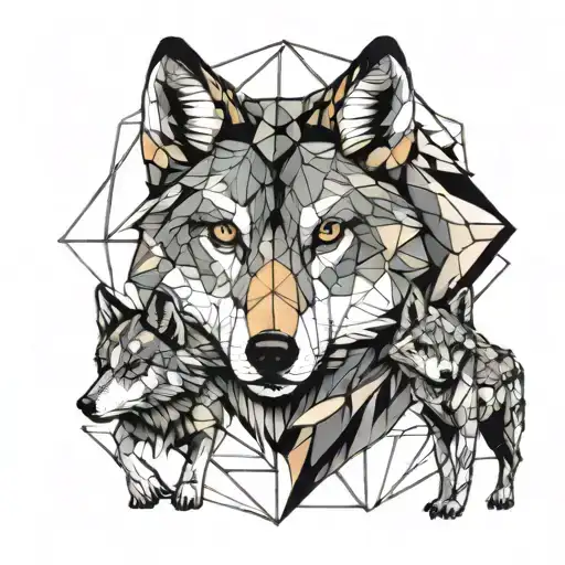 geometric wolf with two cubs tattoo design idea