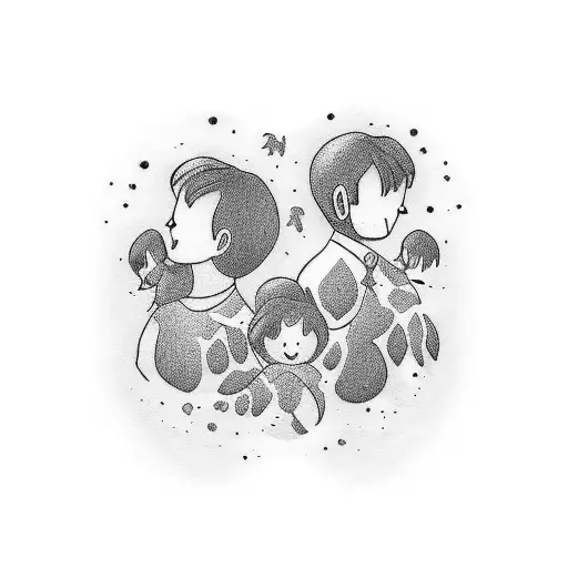 family tattoo representing family: two boys, one girl, one unborn baby who died, mom and dad tattoo design idea