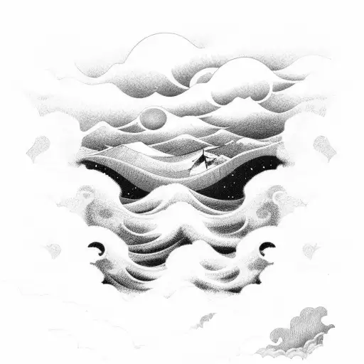 waves with clouds and sunrise tattoo design idea