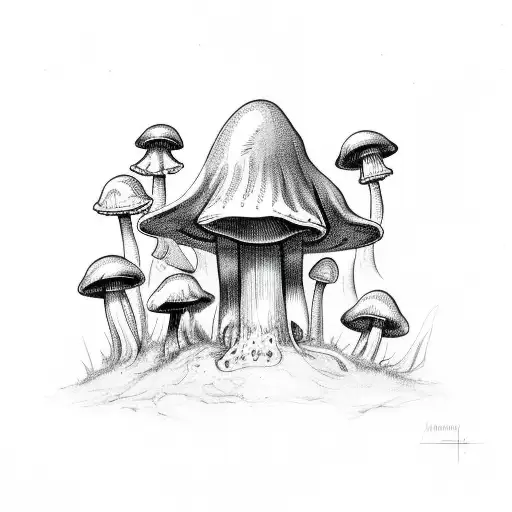 inkcap mushrooms growing out of a raven's skull tattoo design idea