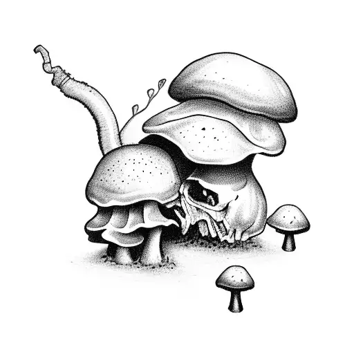 inkcap mushrooms growing out of a raven's skull tattoo design idea