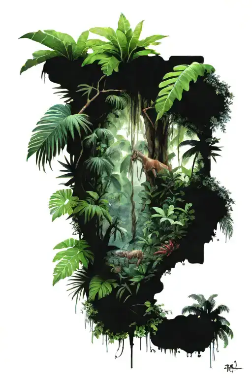 tropical jungle overgrown with hidden animals hidden within tattoo design idea