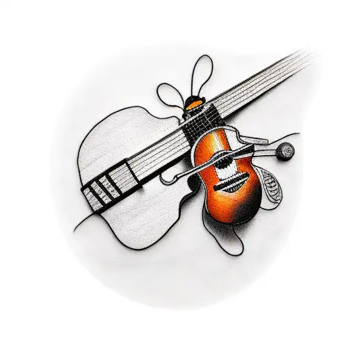 acoustic guitar with two bees tattoo design idea