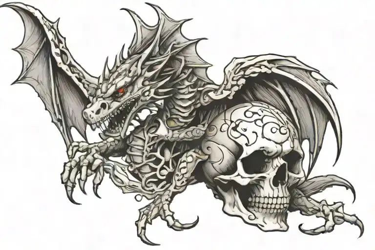 European dragon with wings and slender body holding a human skull. Wraps around lower arm.  tattoo design idea