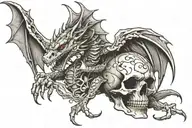 European dragon with wings and slender body holding a human skull. Wraps around lower arm.  tattoo design idea