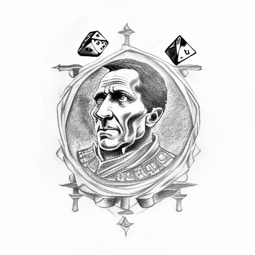 Julius Caesar throwing a pair of dice with 'Alea iacta est' written tattoo design idea