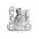 Julius Caesar throwing a pair of dice with 'Alea iacta est' written tattoo design idea