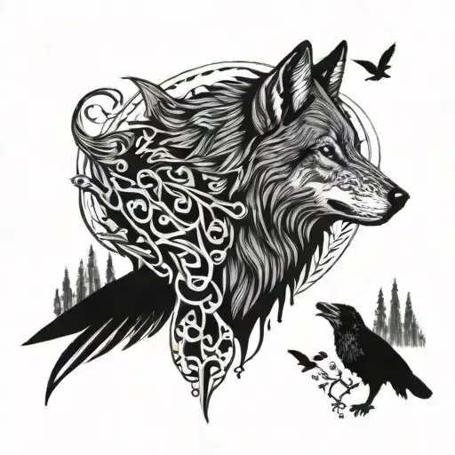wolf and crows  tattoo design idea