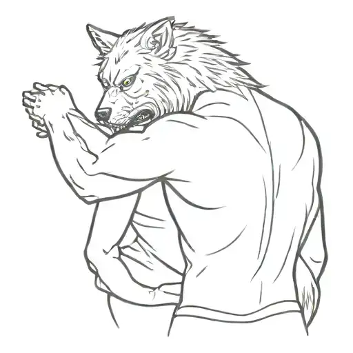 the girl stands with her back and hugs the werewolf, he looks over her shoulder tattoo design idea