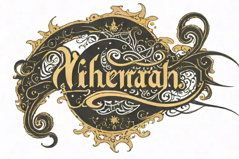 the name "Niharah" in calligraphy style, with Orion's Belt next to it  tattoo design idea