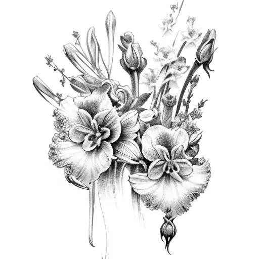 bouquet of bluebell,delphinium,clove,rose,freesia,violet,marguerite  tattoo design idea
