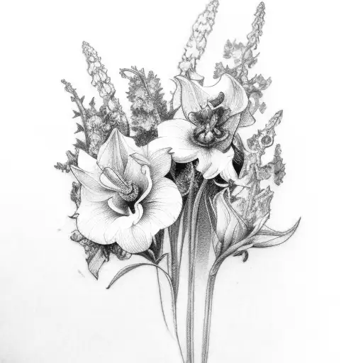 bouquet of bluebell,delphinium,clove,rose,freesia,violet,marguerite  tattoo design idea