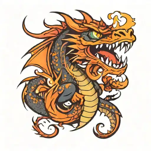 angry flaming dragon in cartoon style tattoo design idea