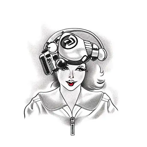 A pin up girl holding a Nintendo controller while wearing a motorcycle jacket tattoo design idea