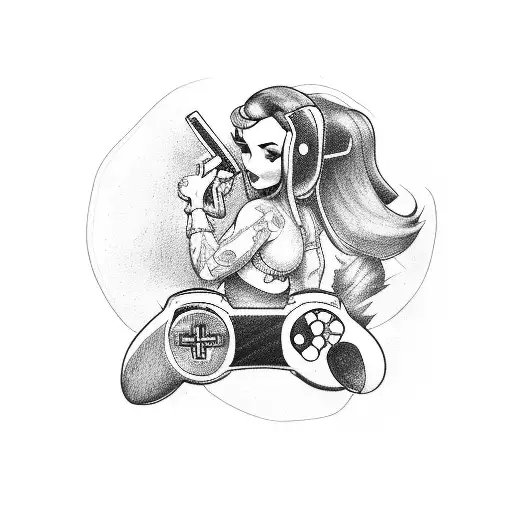 A pin up girl holding a Nintendo controller while wearing a motorcycle jacket tattoo design idea