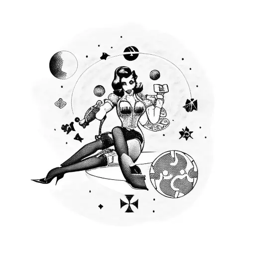 A blackwork tattoo of a pin-up girl dressed in a leather jacket, sitting on a Nintendo console with gaming-themed celestial objects surrounding her tattoo design idea