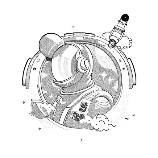 A bA pin-up style astronaut floating in space with a Nintendo controller as their spaceship controls tattoo design idea