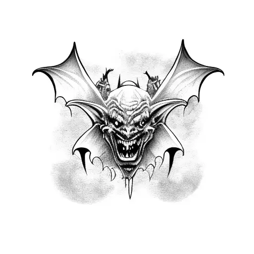 Gargoyle with bats flying around it gothic/medieval sleeve tattoo design idea