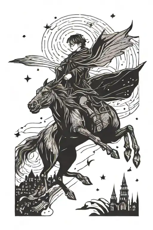 harry potter thestral flying in a starry night sky above hogwarts tattoo design idea