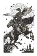 harry potter thestral flying in a starry night sky above hogwarts tattoo design idea