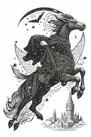 harry potter thestral flying in a starry night sky above hogwarts tattoo design idea