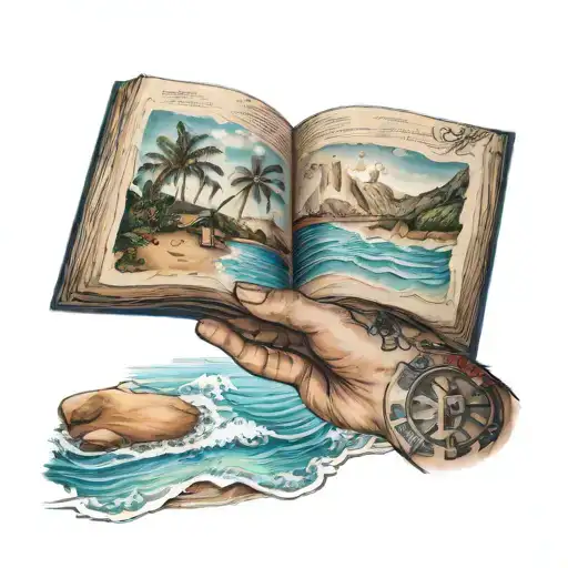 A nurse holding a book with beach scenery in the background tattoo design idea