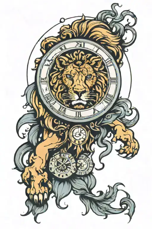a clock that say 12:23 and a lion face that's a Leo zodiac    tattoo design idea
