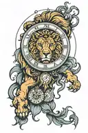 a clock that say 12:23 and a lion face that's a Leo zodiac    tattoo design idea
