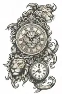 a clock that say 12:23 and a lion face that's a Leo zodiac    tattoo design idea