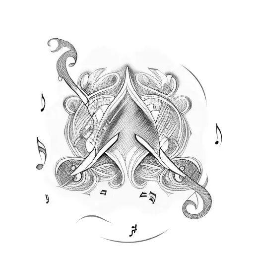 A wooden surfboard with intricate carvings of music notes and symbols, surrounded by waves tattoo design idea