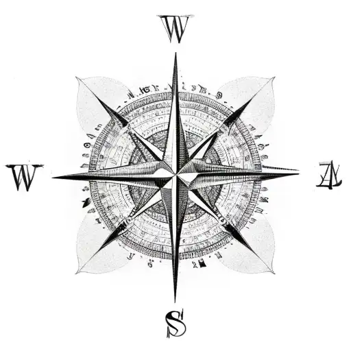 A compass rose with intricate details, surrounded by waves and palm trees tattoo design idea