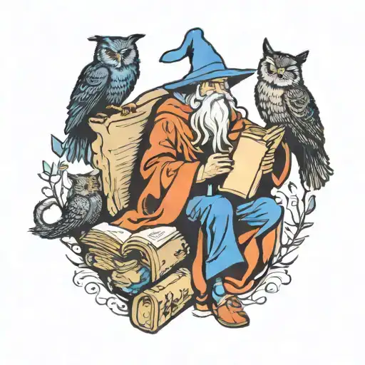 full body wizard in a blue robe with a black wizard hat reading a book with an owl on shoulder and black cat at feet. tattoo design idea