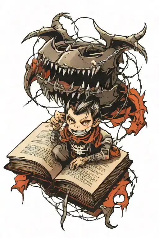 closed book with fangs with barbed wire tattoo design idea