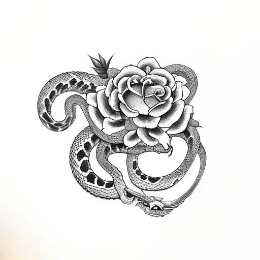 snake with skullls and roses tattoo design idea