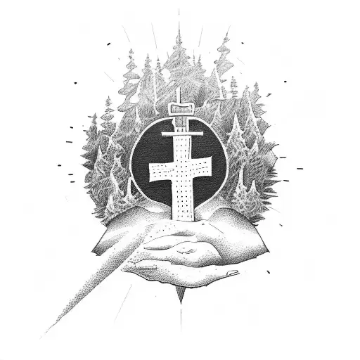 Man kneeling at cross on a mountain tattoo design idea
