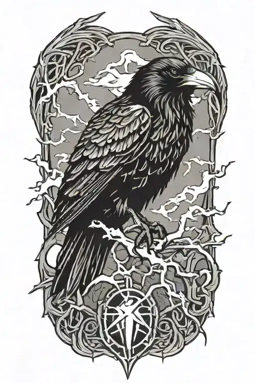 Raven Bird  with lightning  tattoo design idea