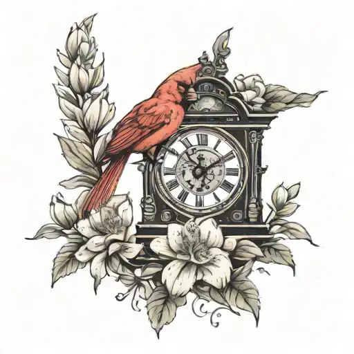 a cardinal perched on top of a grandfather clock surrounded by rhododendron  tattoo design idea