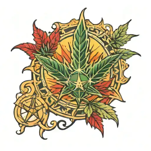 hand made of maple and cannabis leaf holding 3 stars and a sun tattoo design idea