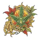 hand made of maple and cannabis leaf holding 3 stars and a sun tattoo design idea