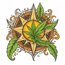hand made of maple and cannabis leaf holding 3 stars and a sun tattoo design idea