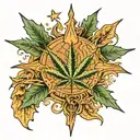 hand made of maple and cannabis leaf holding 3 stars and a sun tattoo design idea