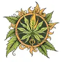 hand made of maple and cannabis leaf holding 3 stars and a sun tattoo design idea