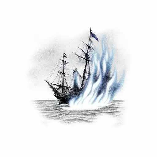 old sailing ship burning tattoo design idea