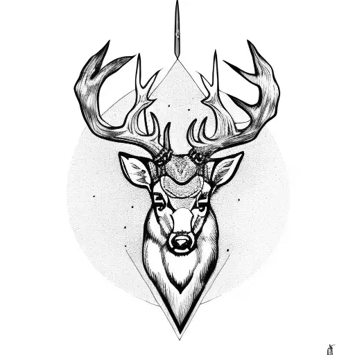 big sword with deer head on top in a forest tattoo design idea