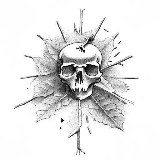 A bird perched on a tree branch with a skull hidden in the leaves tattoo design idea