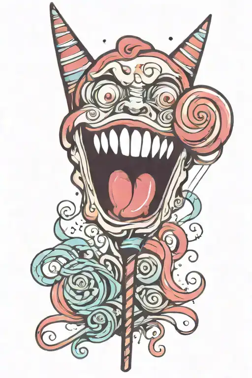 Cartoonish looking lollipop with a sinister mouth and a tongue coming out that is long and pointy tattoo design idea