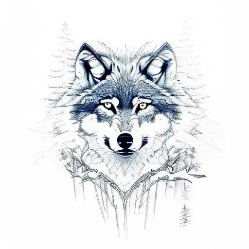 wolf in forest tattoo design idea