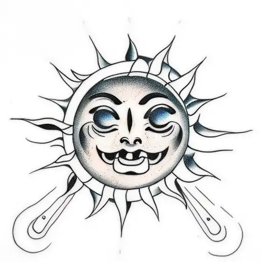 A traditional style tattoo of a smiling sun and a crying moon tattoo design idea